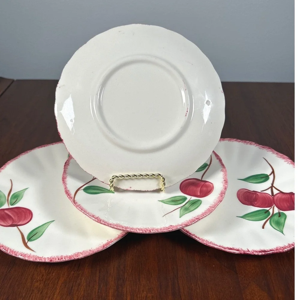 Vintage Blue Ridge Southern Pottery Bread Salad Plates Red Fruit Rustic FOUR